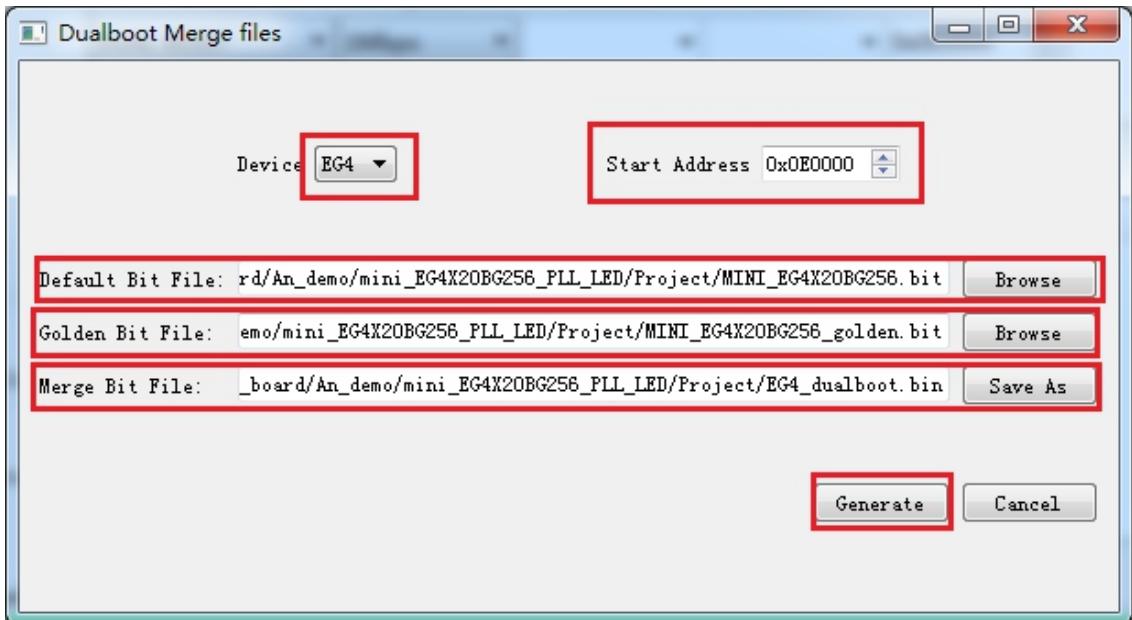 merge dualboot bit 界面中设置主备位流起始地址并生成 bin 文件