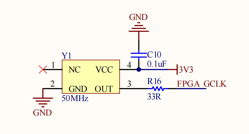50MHz 有源晶振电路：Y1 输出经 33 欧串阻接 FPGA 全局时钟管脚，VCC 由 3V3 供电并接 0.1uF 去耦电容