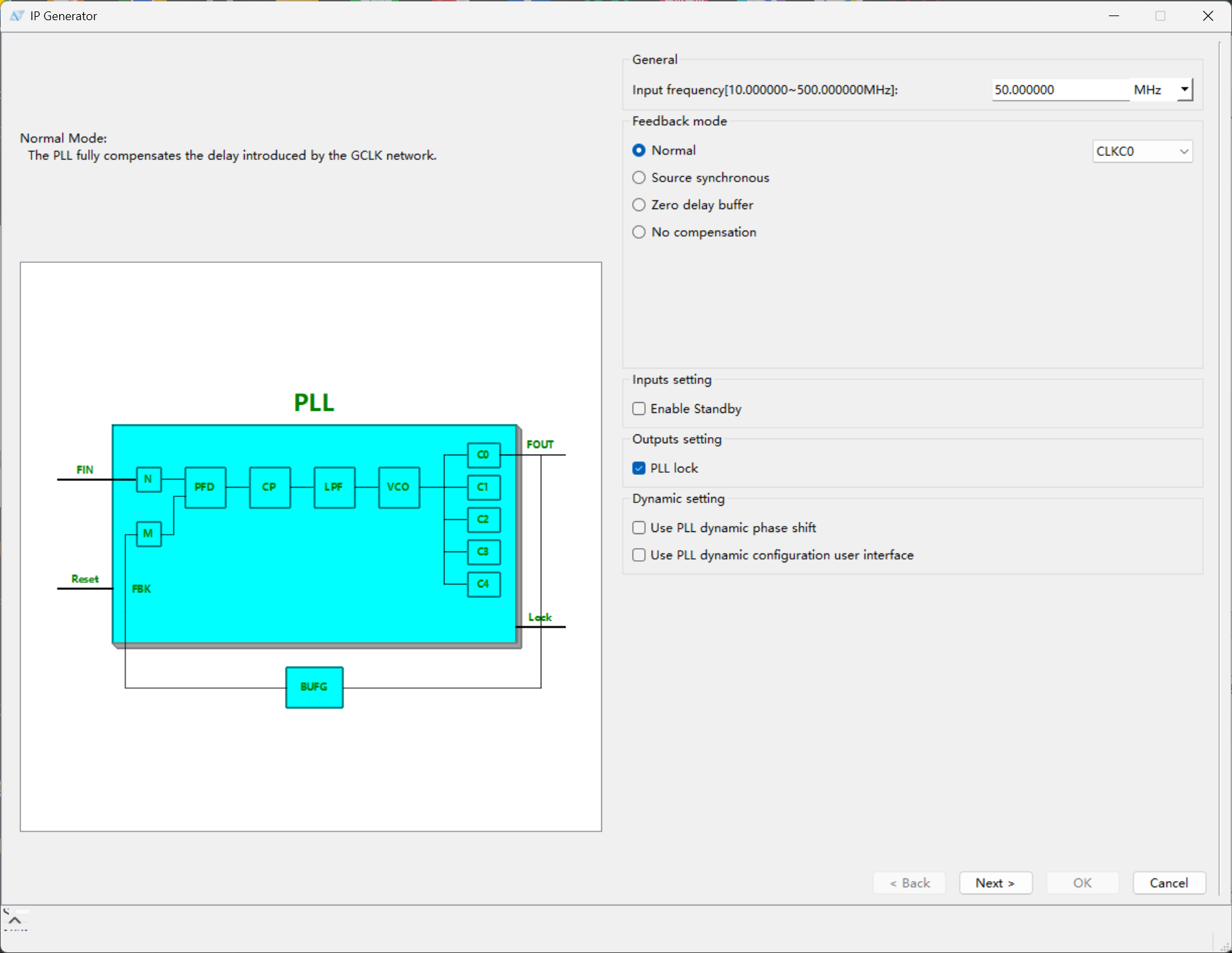 IP Generator PLL 第 1 页：输入频率 50MHz、反馈模式选 Normal、勾选 PLL lock