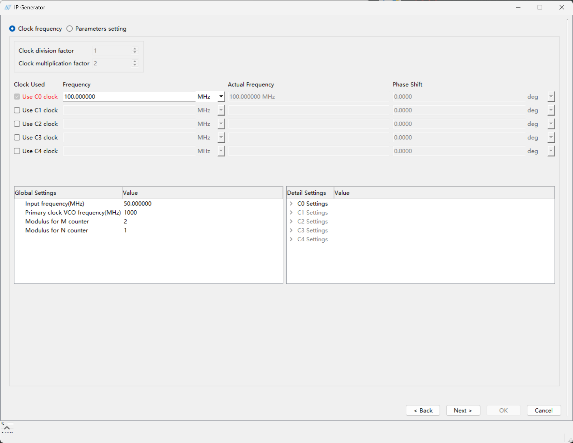 IP Generator PLL 第 2 页：倍频 2 分频 1，C0 输出 100MHz，Global Settings 显示 VCO 1000MHz