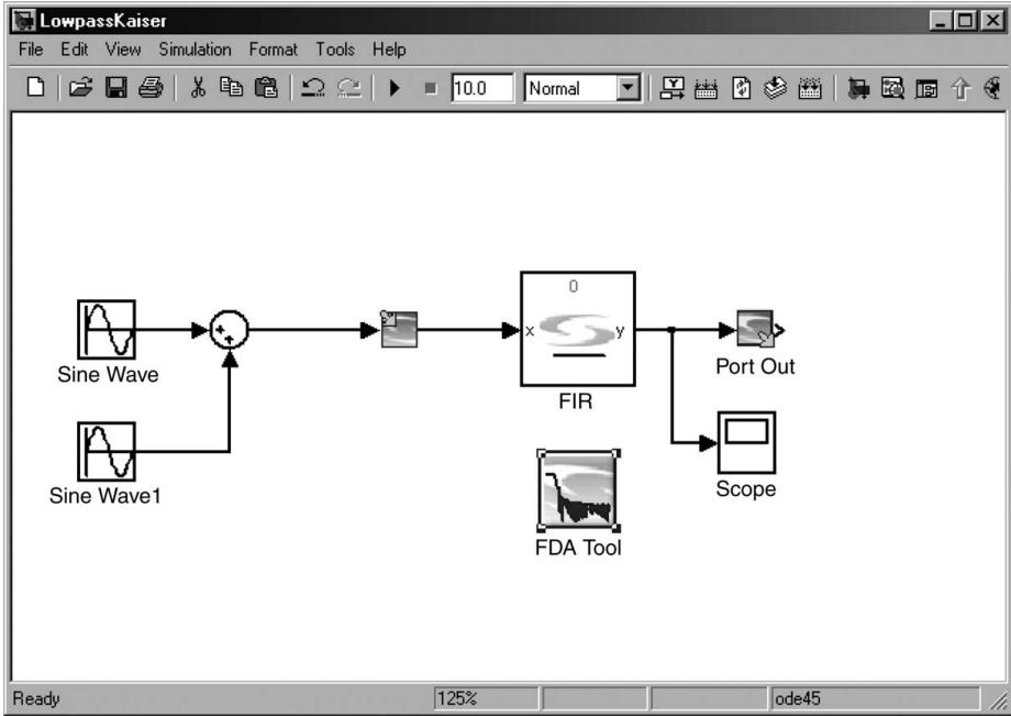 图5-2 FIR 滤波器的 Simulink 模型(Port In/Port Out 为 FPGA 接口,Sinewave 和 Scope 仅用于仿真)