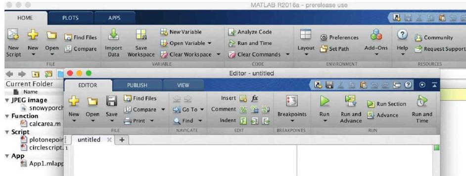 MATLAB 编辑器界面：HOME 工具栏下的 "New Script" 按钮、Current Folder 窗口、Editor 窗口的三块区域