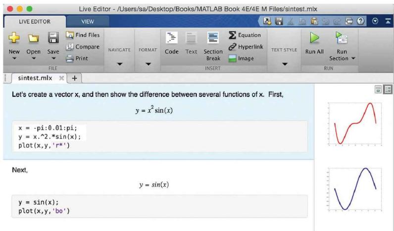 图 6.1:Live Editor(实时编辑器)界面——左侧依次是说明文字、公式 y=x^2\sin(x)、代码段及其绘图结果,文字、公式、代码、图形混排在一个文档中