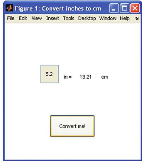 用户输入 5.2 后点击 "Convert me!"：结果变为 "5.2 in = 13.21 cm"