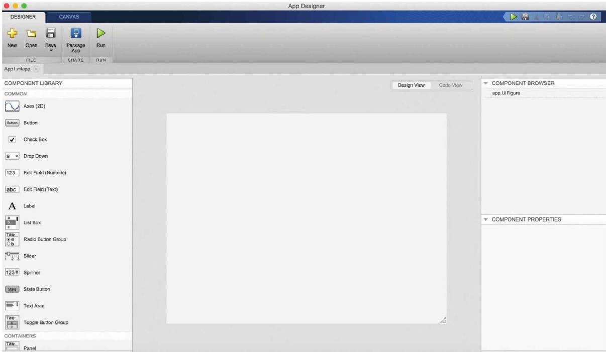 App Designer 主界面：顶部 DESIGNER/CANVAS 切换按钮，左侧 COMPONENT LIBRARY，中间空白画布，右侧 COMPONENT BROWSER 与 COMPONENT PROPERTIES 面板