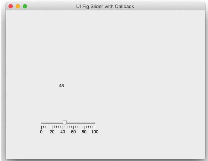 App Designer 风格的滑块 GUI：滑块拖到 43，旁边的 Label 实时显示 "43"
