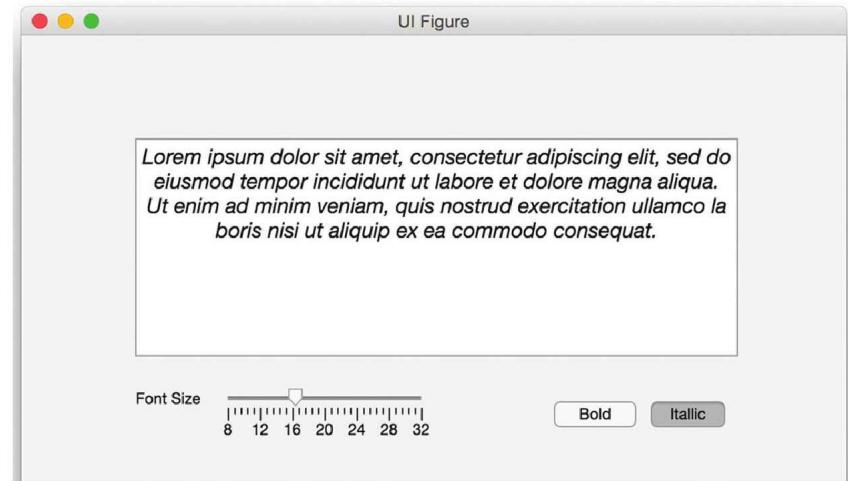 App Designer 制作的简易文本编辑器：大文本区显示 Lorem ipsum 占位文字，下方是 8~32 的 Font Size 滑块和 Bold / Italic 两个状态按钮