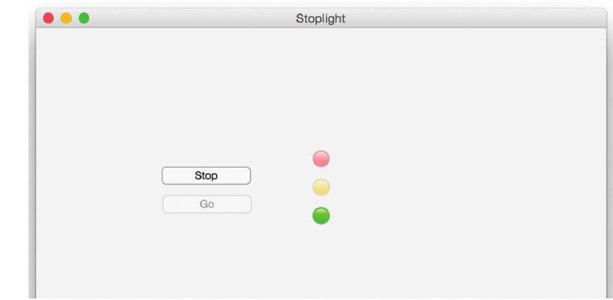 App Designer 制作的红绿灯：左边 Stop / Go 按钮，右边三盏红黄绿圆灯（红灯亮起）