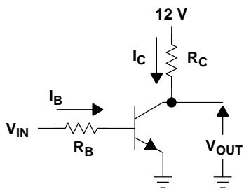 图:饱和晶体管开关电路——集电极电阻 R_C 上接 +12V,基极电阻 R_B 接输入