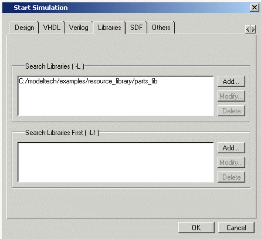Specifying a Search Library in the Simulate Dialog Box