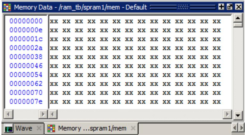 Verilog 的 Memory Data 窗口，数据全为 X