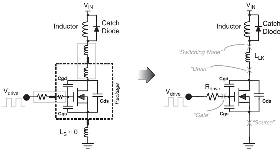 图 5-6：MOSFET 简化模型（三个极间电容 Cgs、Cgd、Cds，漏感 Llk，驱动电阻 Rdrive）