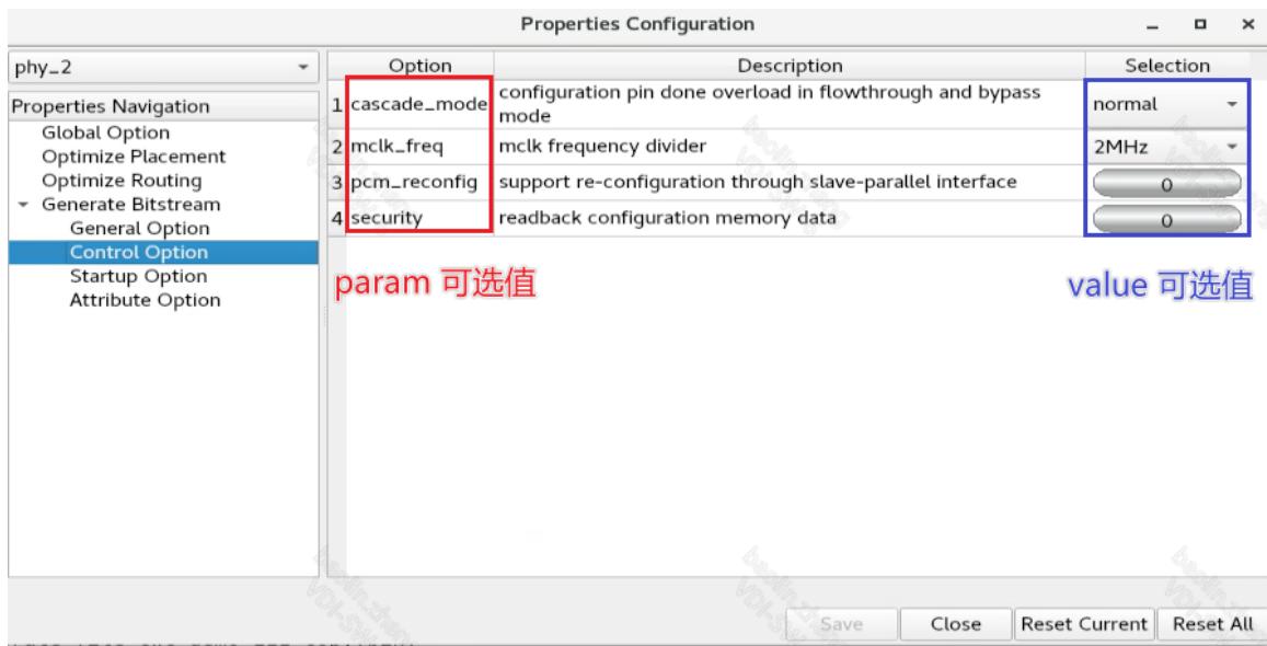 Generate Bitstream Properties 窗口:-g 选项的 param/value 与界面选项一一对应