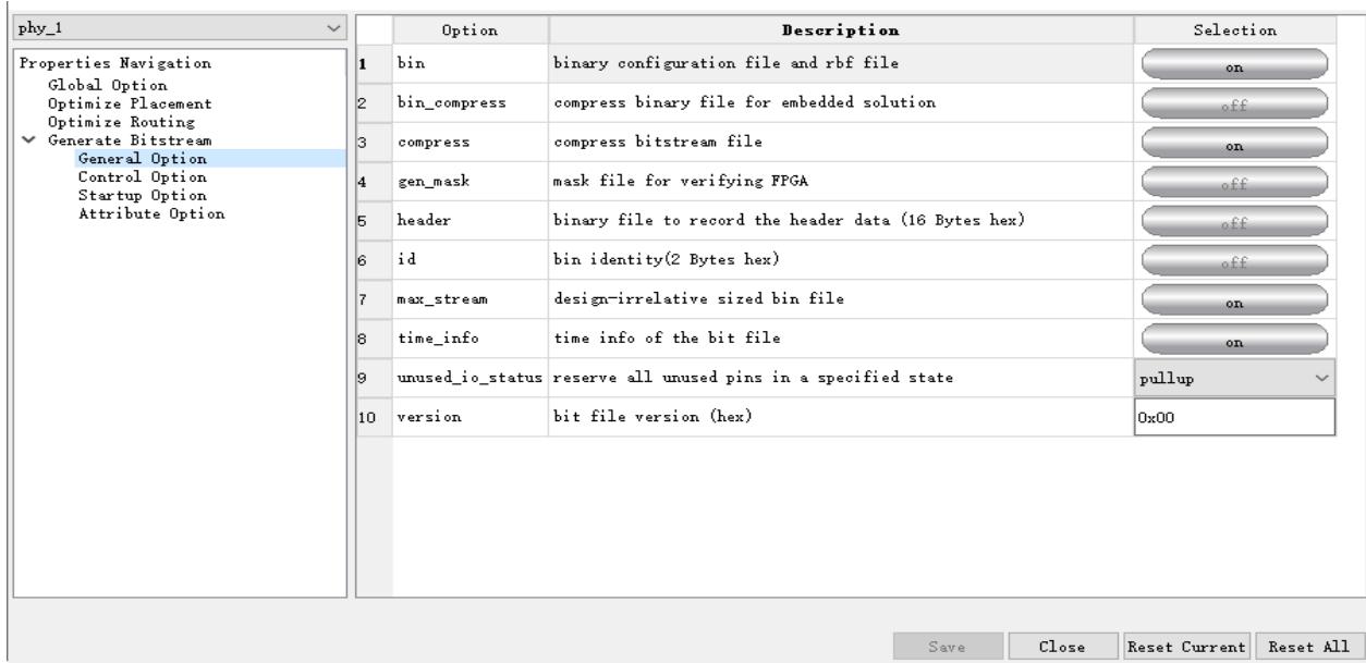 TD 中 Generate Bitstream 的 General Option 配置页