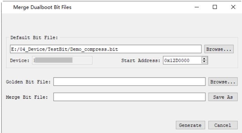 Merge Dualboot Bit Files 对话框：主区位流、起始地址 0x12D0000、备区位流、合并输出文件