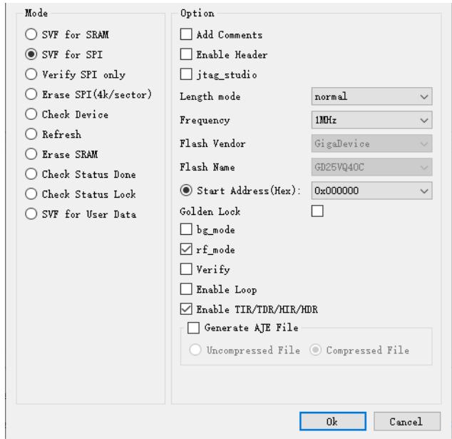 ChipLinker 的 SVF for SPI 配置界面：Flash 型号、起始地址、bg_mode/rf_mode/Verify 等选项