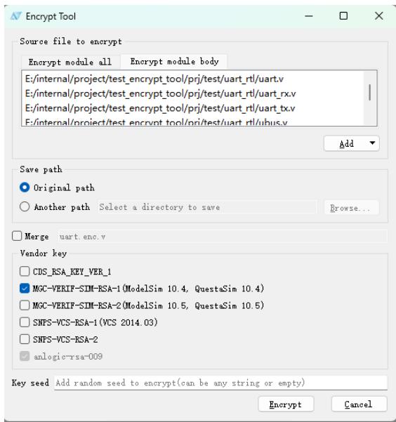 Encrypt module body 示例：加入 uart 相关 .v 文件，仅加密端口以外的实现部分