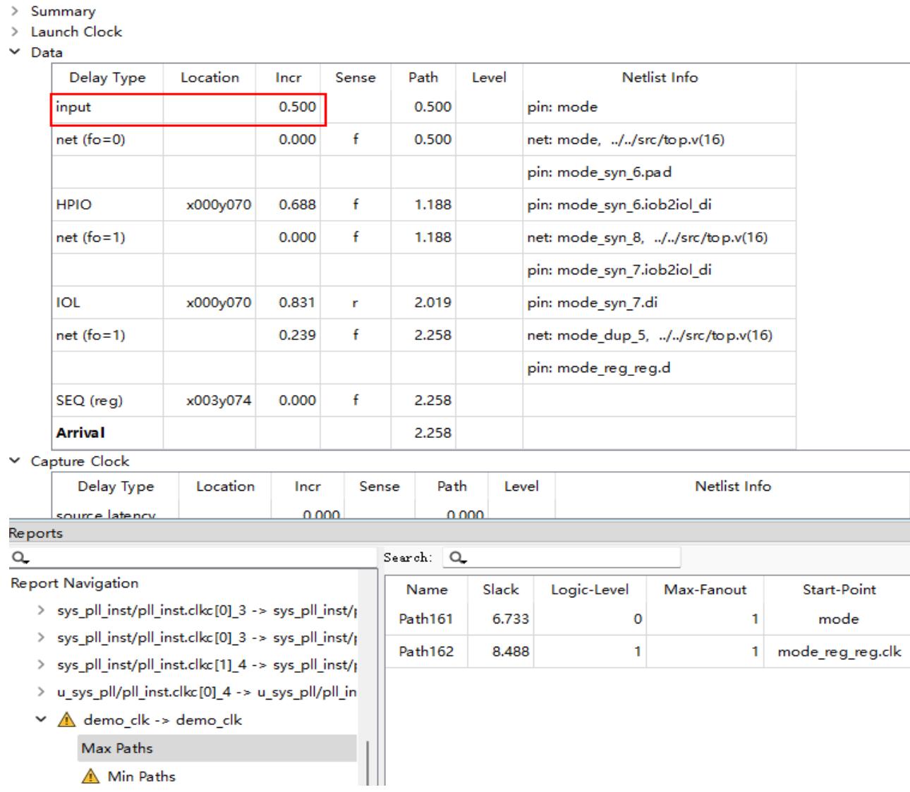 set_input_delay 的 0.5ns 出现在报告 Data 栏 input 行